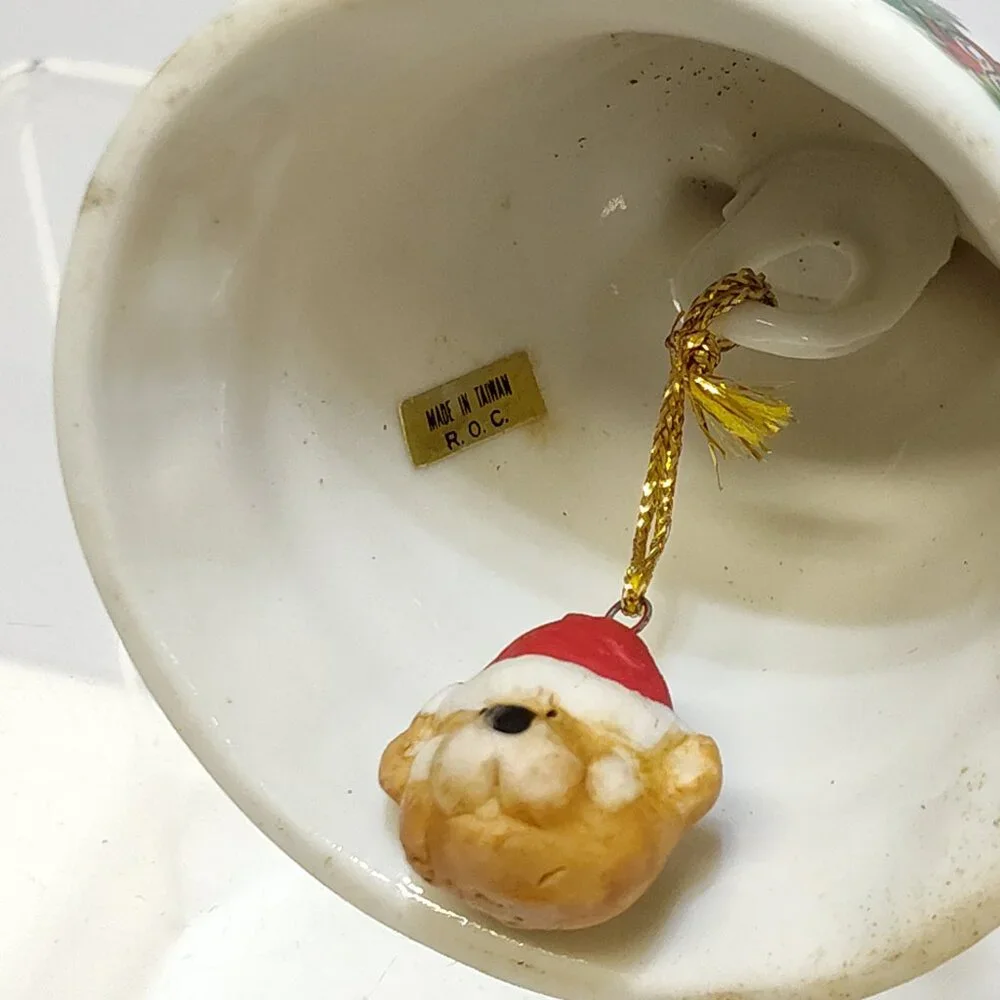 Christmas Ceramic Bell Ornament w/ Teddy Bear Clapper Holiday Design Circa 1980s